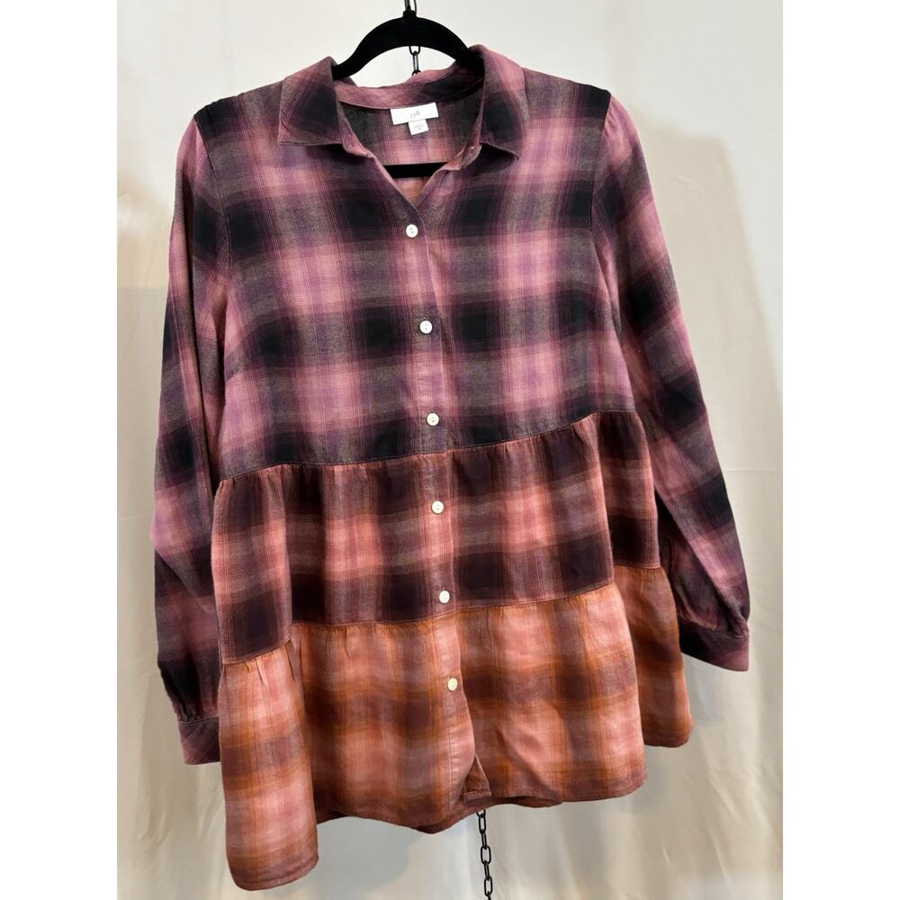 🔥SALE🔥 J. Jill Button Front Tiered Tunic Peplum Ombre Plaid Long Sleeve Soft XS